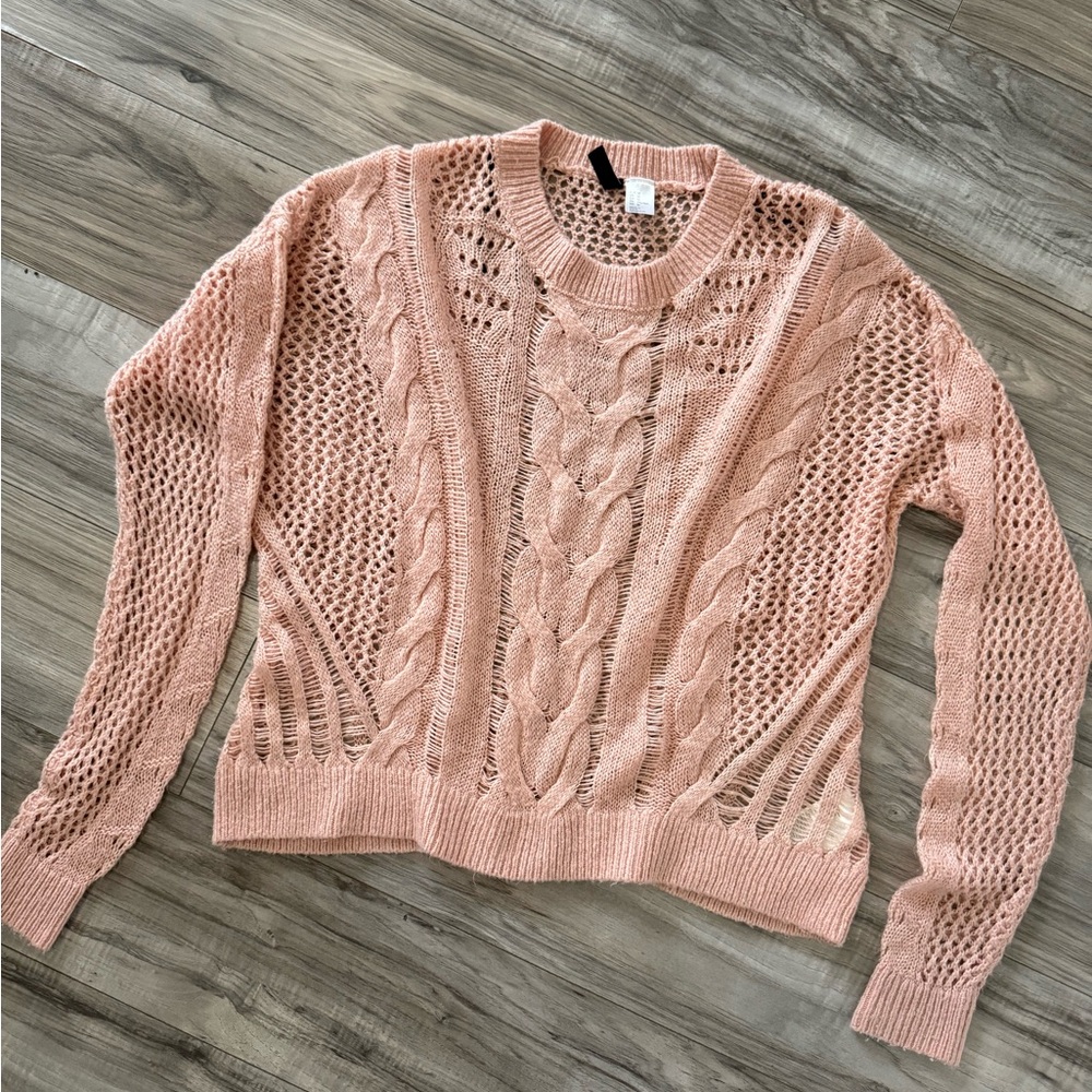 Divided Pink Crew Neck Sweater with Intricate Knit